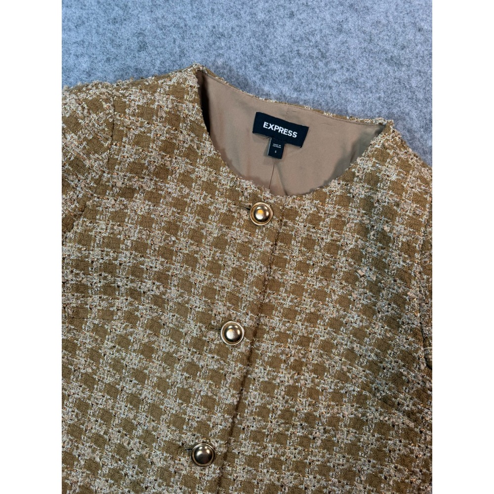 Express‎ Women Brown Metallic Tweed Plaid Blazer Jacket Gold Buttons Size S